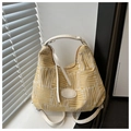 Close-up of yellow knit tote bag with leather straps and Fashion Bags patch on a window sill - No Pendant / Yellow