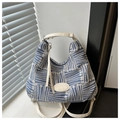Detail of blue and white striped canvas bucket bag with white leather handle and logo - No Pendant / Blue