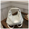 Detailed view of light blue wave pattern fabric handbag with Fashion Bags logo patch - No Pendant / Green