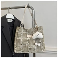 Olive green geometric jacquard tote bag with white leather straps and cloud charm - Yellow With Cloud Pendant