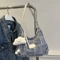 Blue and white woven bucket shoulder bag with cloud charm and slender white strap - With Cloud Pendant / Blue