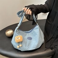 Light blue large capacity nylon tote bag with fashion label and plush toast pendant - Blue (With Charm)