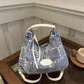 Sac seau tissé à rayures bleues et blanches avec sangles en cuir blanc élégantes - Sans Pendentif / Bleu