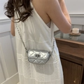 Silver quilted leather saddle bag with chain strap and metallic finish for women - Silver