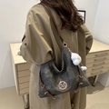 Dark gray canvas tote bag with brown leather straps and a plush sheep pendant charm - Gray With Cloud Pendant