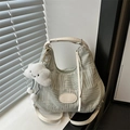Light green textured bucket bag with white handles and cloud plush charm detail - With Cloud Pendant / Green