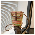 Détail d'un sac téléphone en paille arc-en-ciel avec fermoir en corne et bordure en cuir - Vert