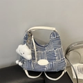 Blue and white geometric woven bucket bag with leather handle and cloud charm - With Cloud Pendant / Blue