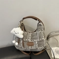 Large woven canvas tote bag with brown leather trim and cute plush cloud keychain - With Cloud Pendant / Brown