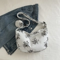 Borsa a tracolla in velluto a coste bianco con fiori neri e mini pochette coordinata - Nero