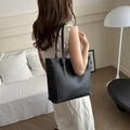 Black leather tote bag with contrast white stitching and adjustable long shoulder strap - Black