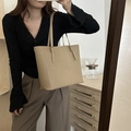 Light khaki leather tote bag with contrast white stitching and long shoulder strap - Khaki