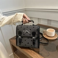 Mochila de lona gris oscuro con lunares, bordado de lazo y hebilla de metal plateado - Mariposa gris