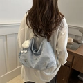 Sky blue hobo shoulder bag with silver butterflies and a white plush cloud charm - With Cloud Charm / Silver
