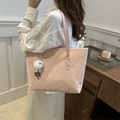 Large light pink tote bag with pleated texture and plush charm for daily commute - Pink (With Charm)