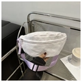 Detail of crescent moon waist bag in off-white weave with lavender purple strap and buckle - Purple