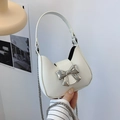 Mini white handbag with silver mirror bow and detachable metal chain strap for women - Mini Beige