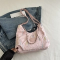 Rosa plissierte Canvas-Einkaufstasche mit bunter Wellenstickerei und Kette - Einfacher Stil / Rosa Ohne Anhänger