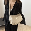 Beige pleated nylon tote bag with wide strap and fashion patch for commuting - Khaki (Without Charm)