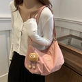 Pink oversized nylon tote bag for women with fashion label and plush keychain - Pink (with Pendant)