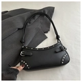 Detail of black faux leather underarm bag with silver studs and belt buckle accents - Black