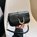 Minimalist black crocodile pattern underarm bag with gold U-shaped buckle and chain strap - Black