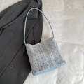 Light blue bucket bag with mesh polka dot pattern and stylish slim shoulder strap - Blue Without Silk Scarf