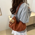 Large orange nylon tote bag with pleated design and plush pendant charm for women - Orange (With Pendant)