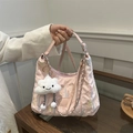 Pink canvas tote bag with colorful stripes, plush cloud charm, and metal chain strap - Pink With Cloud Pendant