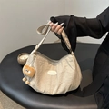 Beige oversized nylon tote bag with fashion label and cute plush toast keychain accessory - Khaki (With Charm)