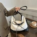 Borsa tote retrò in tela a spina di pesce bianca con finiture in pelle nera - Bianco