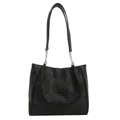 Large black woven shoulder bag with silver chain straps and chic braided texture finish - Black