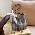Petit sac seau pour femme à motif à carreaux gris avec nœud en dentelle et pois - Noir