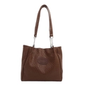 Brown woven texture tote bag with leather and silver chain strap for women - Brown