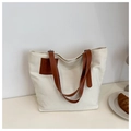 Bolso tote minimalista de lona blanca con correas de cuero marrón para oficina - Blanco