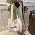 Borsa tote in tela bianco sporco con stampa Support rossa e chiusura a coulisse - Bianco