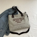 Light grey canvas tote bag with brown straps and 'Fashion Happy' printed lettering - Green