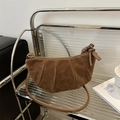 Retro brown suede croissant moon bag with pleated design and slim strap for women - Tan