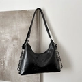 Minimalist black faux leather half-moon shoulder bag with silver chains and embossed text - Black Small