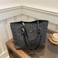 Dark gray striped canvas tote bag with black bow embroidery and leather straps - Striped Bow Black