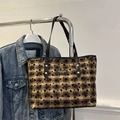 Brown checkered tote bag with black heart prints and premium leather straps - Heart Lattice Brown