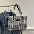 Polka dot and plaid tote bag in grey-white with black straps and metal brand plate - Polka Dot Plaid Grey