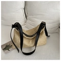Close-up of woven straw texture with adjustable black leather strap and gold buckle - Black