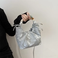 Silver marble pattern bucket bag with colorful beaded handle and drawstring closure - Silver