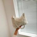 Chic beige bubble textured shoulder bag with soft pleated popcorn fabric and sleek handle - White