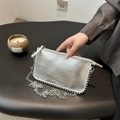 Chic silver crossbody bag with glitter finish, beaded trim, and metallic chain strap - Silver