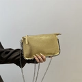 Golden metallic mini crossbody bag with silver bead trim and elegant chain strap - Gold