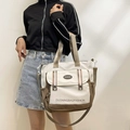 Bolso tote japonés de lona en contraste con correa ajustable para estudiantes - Blanco y Café