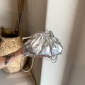 Silver metallic pleated cloud bag with slim shoulder strap for crossbody and hand carry - Silver