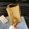 Sleek golden textured crossbody phone bag with knot detail and dual handles - Gold